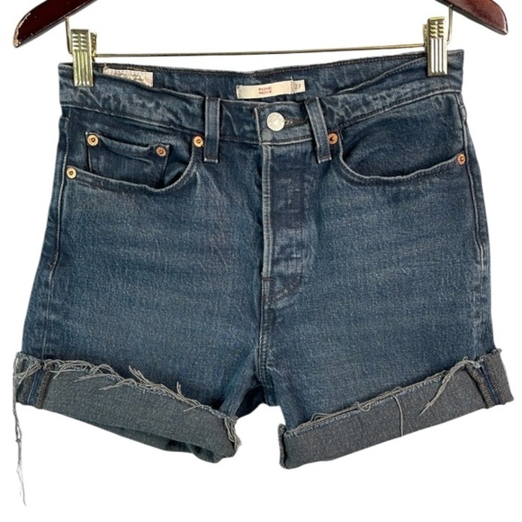 LEVIS Premium Wedgie Fit Upcycled Shorts Black Denim High Waist Button Fly  27 - Picture 2 of 14